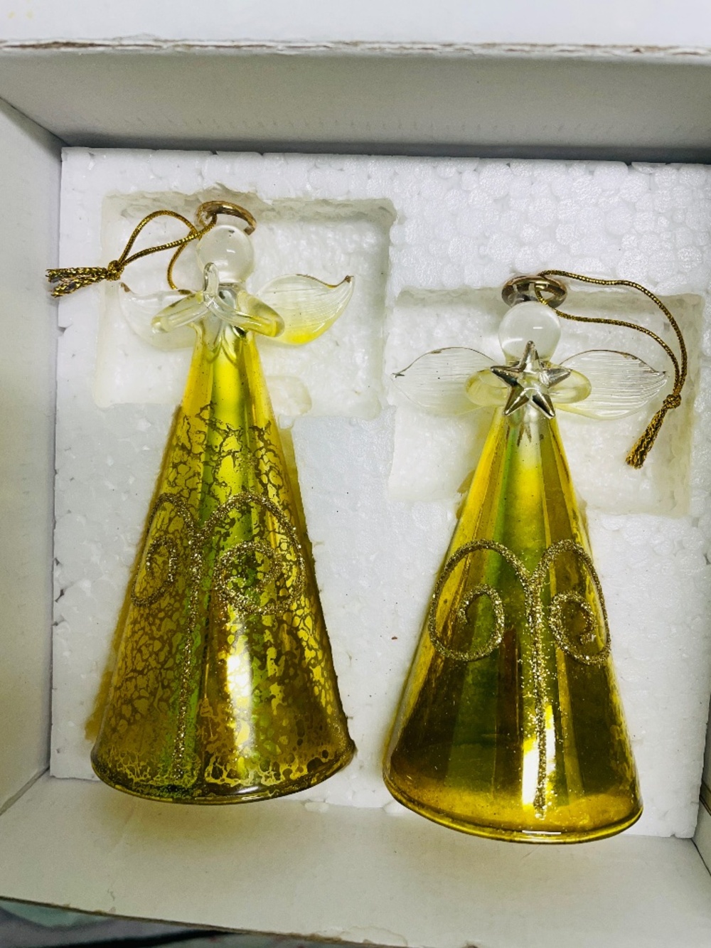 Vintage Gorham Glass Angel Ornaments Set of 2 Gold Mercury Crackle Glitter